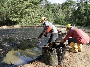 Ecuadorean oil workers clean up a contaminated fuel pool in Taracoa, this file photo taken December 10, 2007. Local villagers, who want $19-billion in compensation, took their case to courts in Canada, Argentina and Brazil.  REUTERS/Guillermo Granja