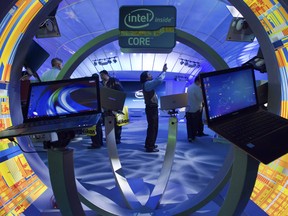 The Intel booth at the 2012 International Consumer Electronics Show in Las Vegas, Nevada. Among companies that make computer chips and other components, Intel dominates its sector, being more than three times larger than its next biggest competitor.