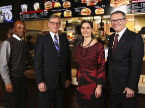 Team McDonald’s Canada: Howard Thomas, human resources consultant, Ontario region and 2012 Ray Kroc Award winner, left,
Len Jillard senior vice-president, people resources and chief people officer, Claudette Pennesi, senior legal counsel and 2009 President’s Award winner, and John Betts, president and CEO.
