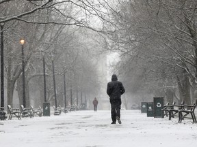 A pedestrian walks through the snow in Washington Park.