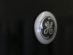 A General Electric logo is seen on a refrigerator