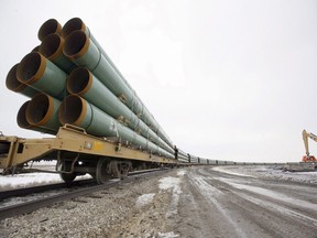 Rail cars arrive in Milton, N.D., loaded with pipe for TransCanada's Keystone Pipeline project in this Feb. 28, 2008 file photo.