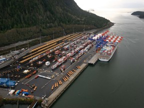 Containers being unloaded at the Port of Prince Rupert, in British Columbia.