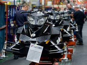 A Ski-Doo assembly line is shown at the BRP plant in Valcourt, Que.