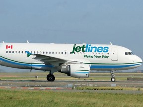 A proposed Canada Jetlines Ltd passenger jet with painted logos.