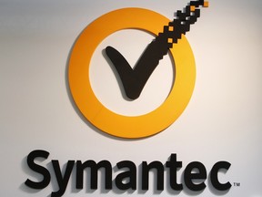 The logo of Symantec Corp., is displayed at the CeBIT technology fair in Hanover, Germany