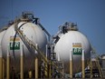 Petroleo Brasileiro SA (Petrobras) natural gas storage tanks sit on an island in Guanabara Bay in the state of Rio de Janeiro, Brazil