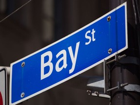 A sign for Bay Street is displayed in the financial district of Toronto.