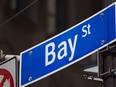 A sign for Bay Street is displayed in the financial district of Toronto.