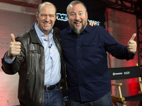 Guy Laurence, Rogers CEO, left, and Shane Smith, Vice CEO, gives the thumbs up at the news conference announcing they are joining forces to launch a $100-million Canadian production company.