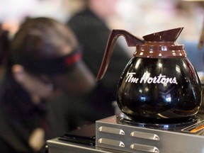 Freshly-brewed coffee sits on a hot plate in a Tim Hortons outlet in Oakville, Ont.
