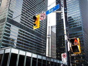 The Financial District in Toronto at Bay Street and King Street.