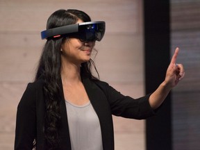 The Microsoft Corp. HoloLens augmented reality headset is demonstrated