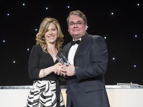 TORONTO, ONTARIO: JUNE 1, 2015 – CANADIAN GENERAL COUNSEL AWARDS  –  Karen Werger, Partner, Financial advisory, Deloitte presents the award for General Counsel of the Year to Jim Willoughby, Chief Legal Officer, Corporate Director and Secretary Allergan Inc. is seen at the Canadian General Counsel Awards at the Royal York Hotel in Toronto, Ontario Monday June 1/2015. (Photo by Kevin Van Paassen for National Post)