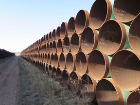 A yard in Gascoyne, ND., which has hundreds of kilometres of pipes stacked inside it that are supposed to go into the Keystone XL pipeline.