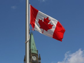The Canadian flag above the Peace Tower on Parliament Hill in Ottawa.