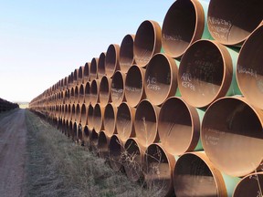 Miles of unused pipe, prepared for the proposed Keystone XL pipeline outside Gascoyne, North Dakota.