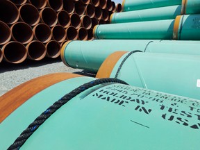 Some of about 500 miles worth of coated steel pipe manufactured by Welspun Pipes, Inc., originally for the Keystone oil pipeline, stored in Little Rock, Ark.