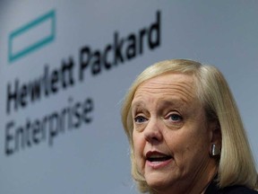 Hewlett-Packard Enterprise Chief Executive Officer (CEO) Meg Whitman speaks during a press conference in New York