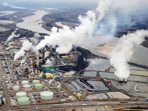 An aerial view of an oil sands extraction facility near the town of Fort McMurray in Alberta.
