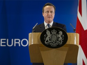 David Cameron, U.K. prime minister, speaks during a news conference following a meeting of European Union (EU) leaders in Brussels, Belgium, on Friday, Feb. 19. 2016. European Union leaders reached a deal aimed at keeping the U.K. in the bloc, allowing Cameron to call a referendum on EU membership as soon as June. Photographer: Jasper Juinen/Bloomberg *** Local Caption *** David Camero
