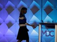 Yahoo CEO Marissa Mayer walks off the stage after delivering a keynote address