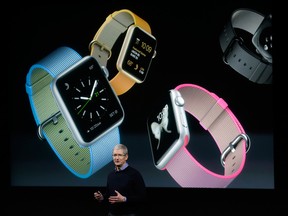 Apple CEO Tim Cook speaks at an event to announce new products and an update to the Apple Watch