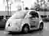 A self-driving car traversing a parking lot at Google's headquarters in Mountain View, California.