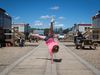 A young girl who was evacuated due to the Fort McMurray wildfire plays at an oilfield work camp where approximately 500 evacuees are staying, in Wandering River, Alta.