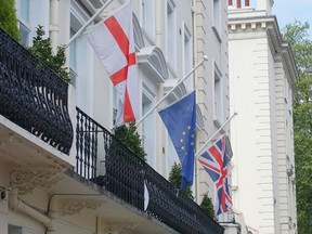 England, EU and UK flags