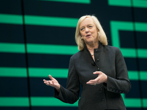 Meg Whitman, chief executive officer of Hewlett Packard Enterprise Co., speaks during the HP Discover 2016 Conference in Las Vegas, Nevada.