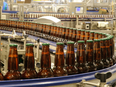 Bottles moving along conveyors at Moosehead Breweries' automated bottling plant.