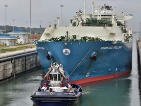 A Royal Dutch Shell-owned tanker named the Maran Gas Apollonia passed through the Panama Canal early Monday, becoming the first LNG tanker of its size to traverse the waterway since its expansion last month.