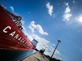 A freighter works its way through the Sault Ste. Marie lock system.