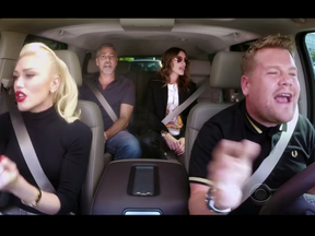 A still from James Corden's Carpool Karaoke on YouTube with Gwen Stefani, George Clooney and Julia Roberts