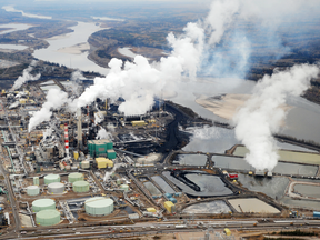 The aerial view shows the Suncor oilsands extraction facility near Fort McMurray, Alta