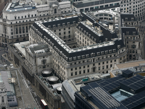 The Bank of England, center, is seen from the Leadenhall Building in the financial district of London, U.K.