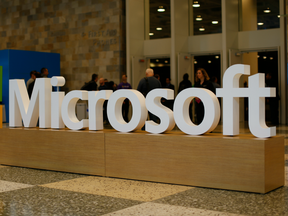 A Microsoft logo is seen during the 2015 Microsoft Build Conference