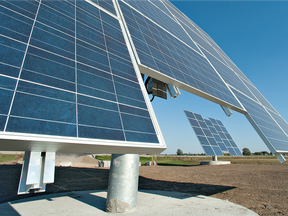 a pair of solar panels are installed on farm land along Rest Acres Road, just south of Paris, Ont.