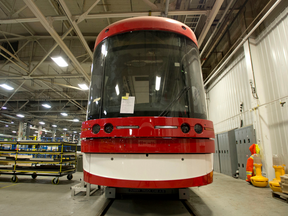 New Toronto streetcars sits under construction at the Bombardier factory in Thunder Bay, Ontario