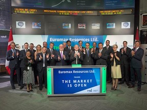 Recently graduated to the TSX, Euromax Resources board members and dignitaries celebrate the event with the traditional opening of the market on July 22, 2016.