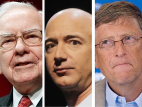 Jeff Bezos, centre, overtook Warren Buffett, last year in the wealth rankings and Bezos is now on the cusp of replacing Bill Gates as the richest man in the world.