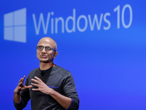Microsoft CEO Satya Nadella speaks at an event demonstrating Windows 10