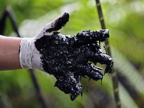 File picture dated February 20, 2011 shows Ecuadorean activist of the Amazonia Defense Front, Donald Moncayo, showing waste of oil at Aguarico 4 oil well, near La Primavera, Sucumbios province, 45 km south of Lago Agrio, in the Ecuadorean Amazon.