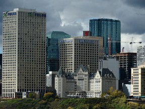 Clouds sit behind the city's skyline in Edmonton