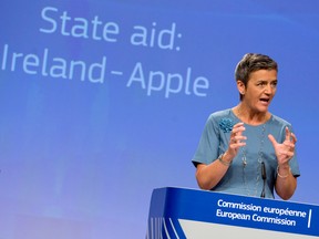 European Union Competition Commissioner Margrethe Vestager speaks during a media conference at EU headquarters in Brussels.