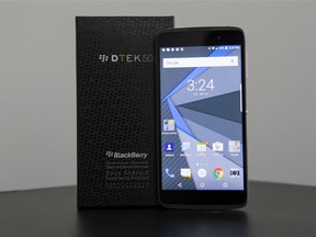 The Blackberry DTEK50 is pictured at its launch in Toronto