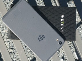 The Blackberry DTEK50 smartphone.