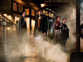 Left to right: Katherine Waterston , Eddie Redmayne, Alison Sudol and Dan Folger in a scene from "Fantastic Beasts and Where to Find Them," scheduled for release on Nov. 18, 2016.