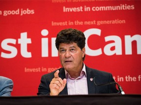 Jerry Dias, president of Unifor, the Canadian Auto Workers Union, speaks at a press conference